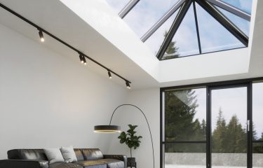 glass pyramid skylight over living room